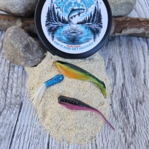 Three colorful fish on sand next to rocks and a fishing bait container.