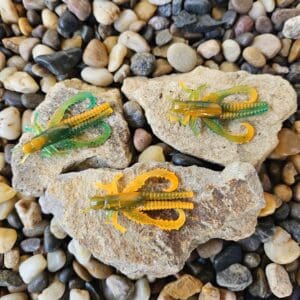 Three dinosaur footprints fossilized in rock on a pebble surface.