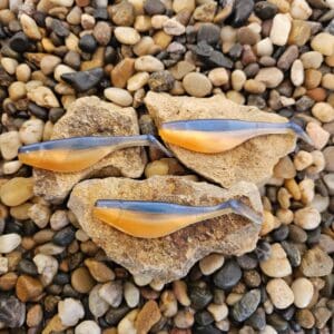 Three brown and blue seed pods resting on a bed of small pebbles.