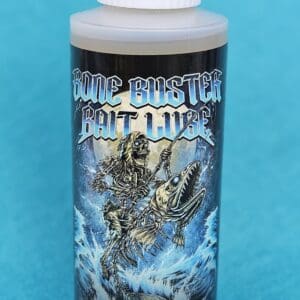 A Bottle Of Fish Feed On Blue Background.